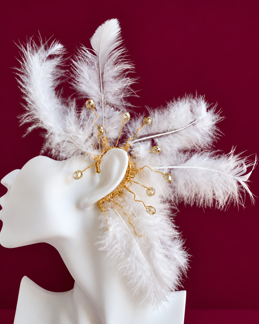 Handmade white feather statement ear piece with gold details, Nube Wild by Heavenly, bridal ear piece