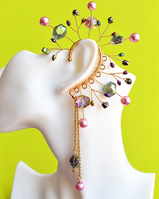 Handmade iridescent pink statement ear piece with crystals, pearls and gold chains, Sirena Iridescent by Heavenly