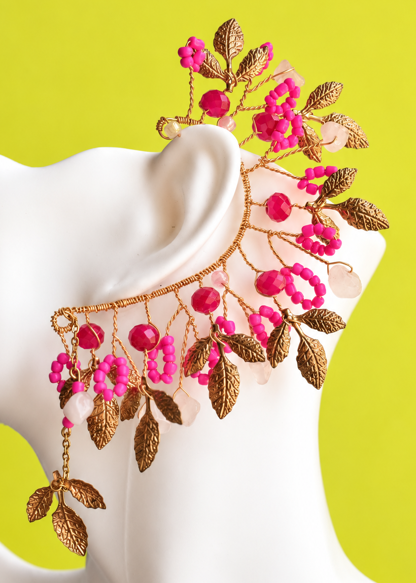 Handmade fuchsia pink flower and leaf statement ear piece with gold details, Bugambilia by Heavenly