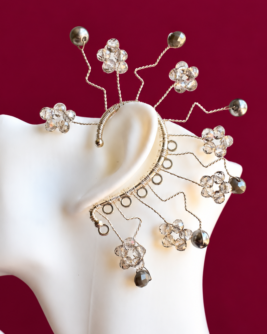 Handmade clear crystal flower statement ear piece in silver tone, Hielo Crystal by Heavenly