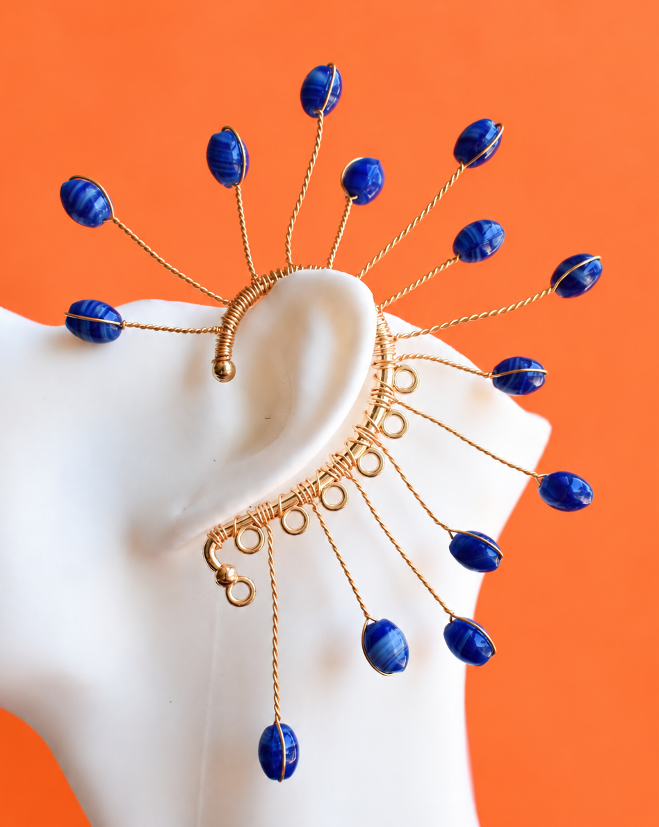 Handmade cobalt blue wire statement ear piece with gold details, Cobalto Burst by Heavenly