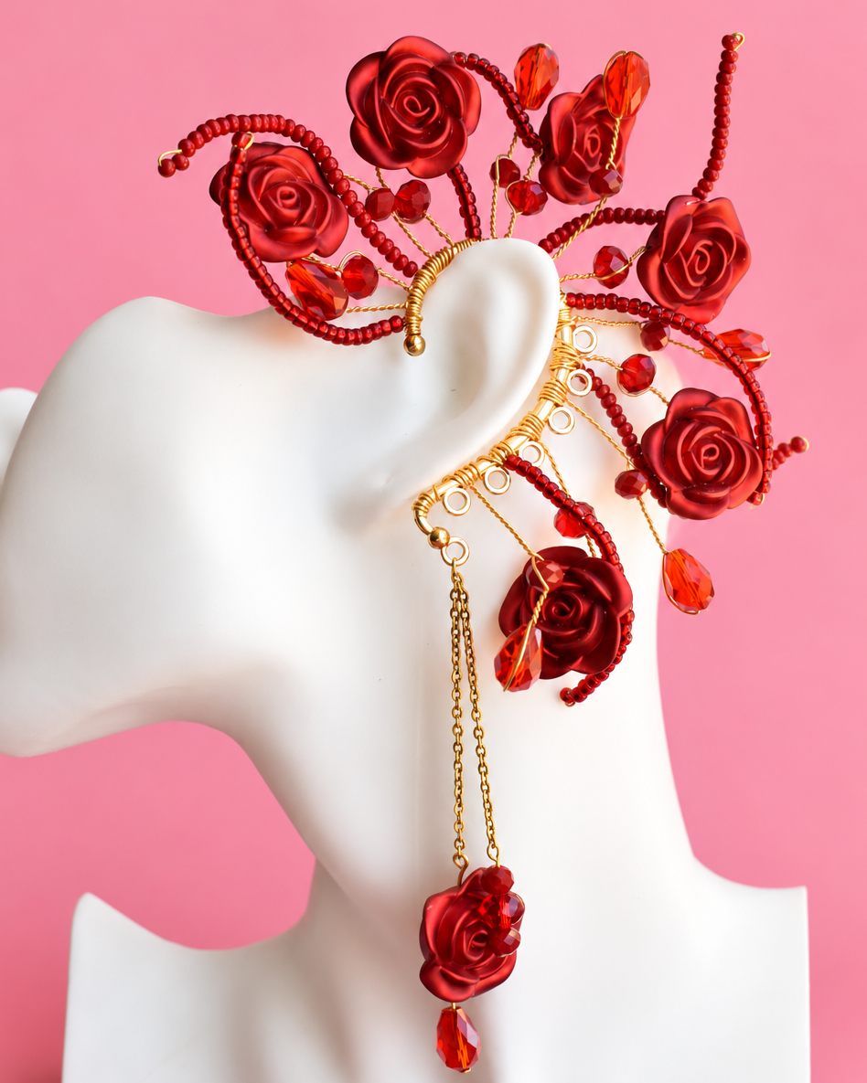 Handmade red rose statement ear piece with gold chains, Pasión Rose by Heavenly