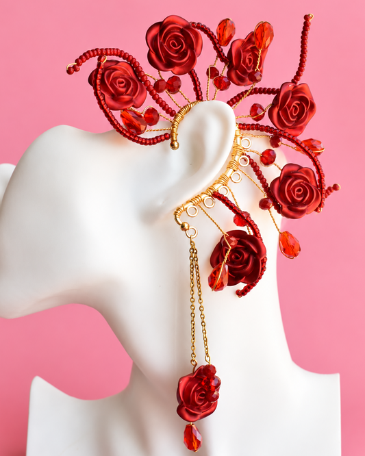 Handmade red rose statement ear piece with gold chains, Pasión Rose by Heavenly