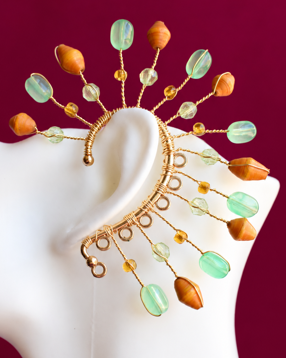 Handmade mint green and amber wire statement ear piece with gold details, Menta Burst by Heavenly