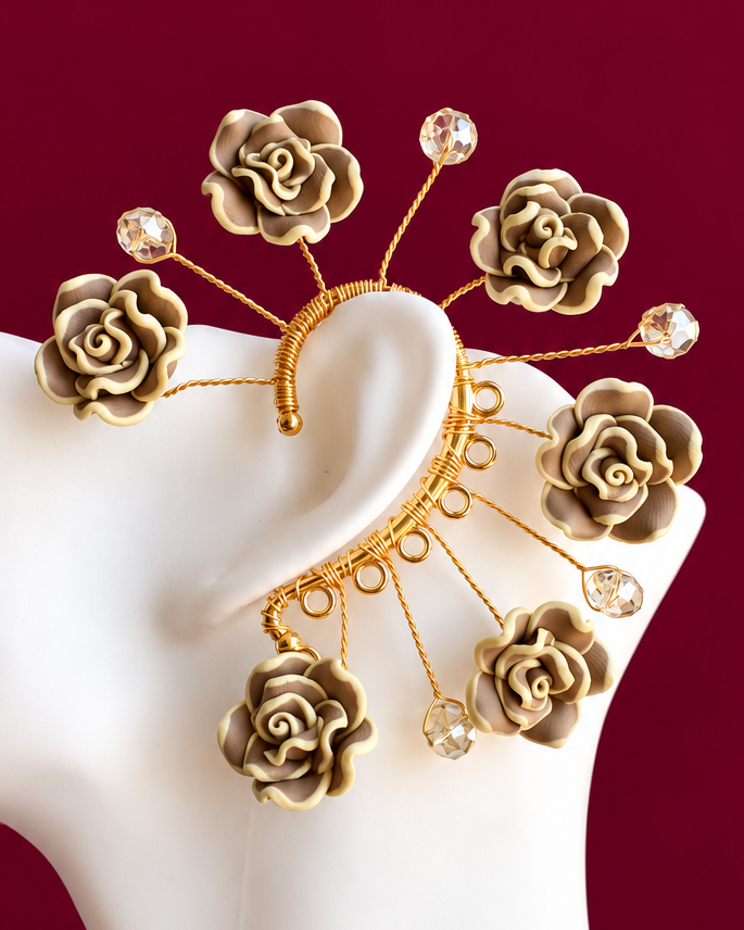 Handmade beige rose statement ear piece with gold details, Arena Rose by Heavenly, bridal ear piece