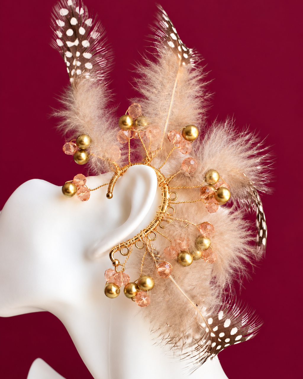 Handmade beige feather statement ear piece with gold details, Plumas de Arena Wild by Heavenly